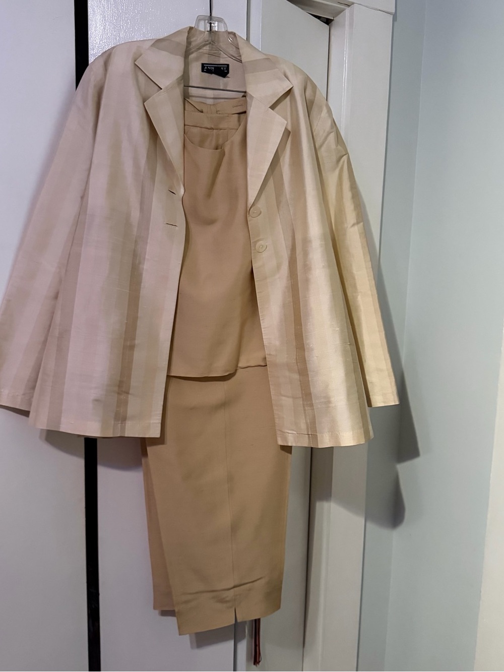 Women's Cream Striped Blazer with Tan Skirt & Top Set